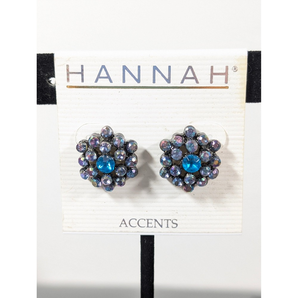Hannah Blue AB Rhinestone Flower Cluster Stud Earrings NWT Black Silver Tone